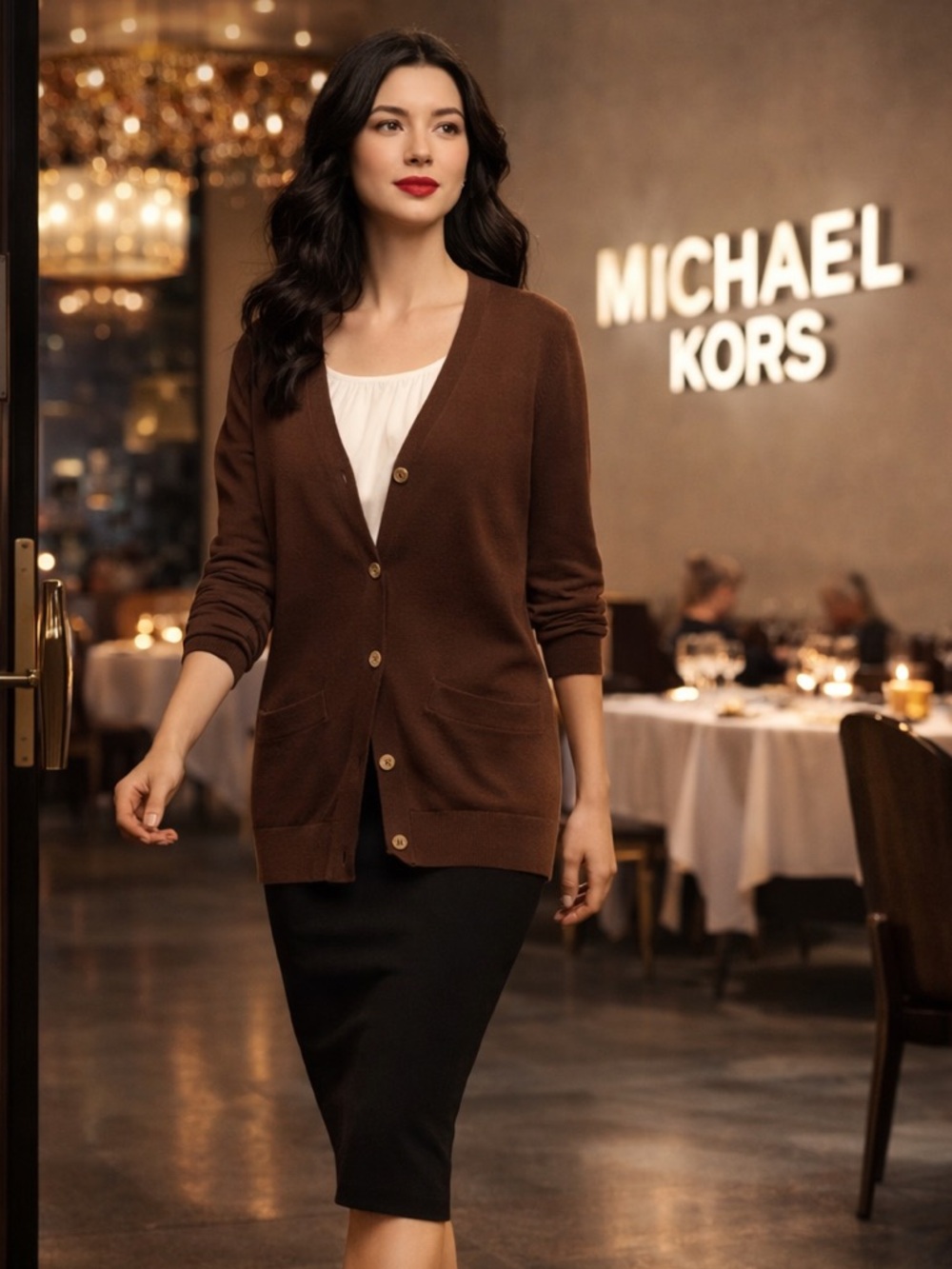 🌸Michael Kors Women's Brown V-Neck Button Cardigan SizeM preppy old money spring